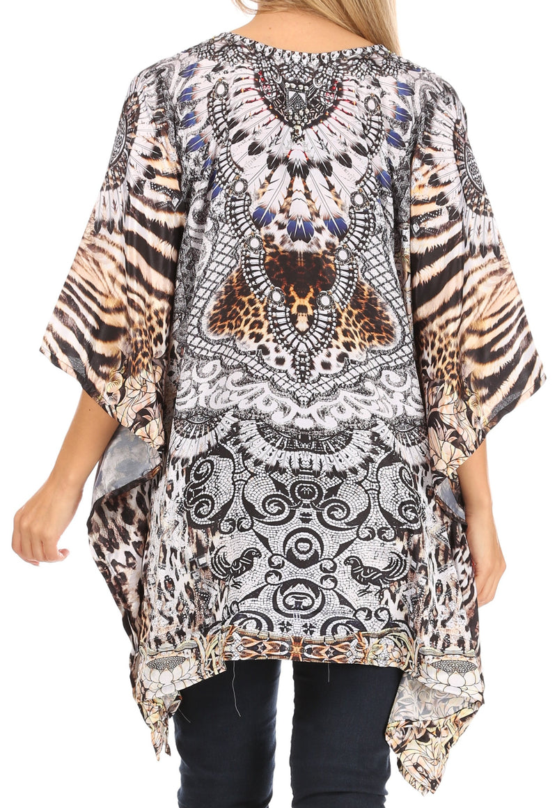 Sakkas Aymee Women's Caftan Poncho Cover up V neck Top Lace up With Rhinestone