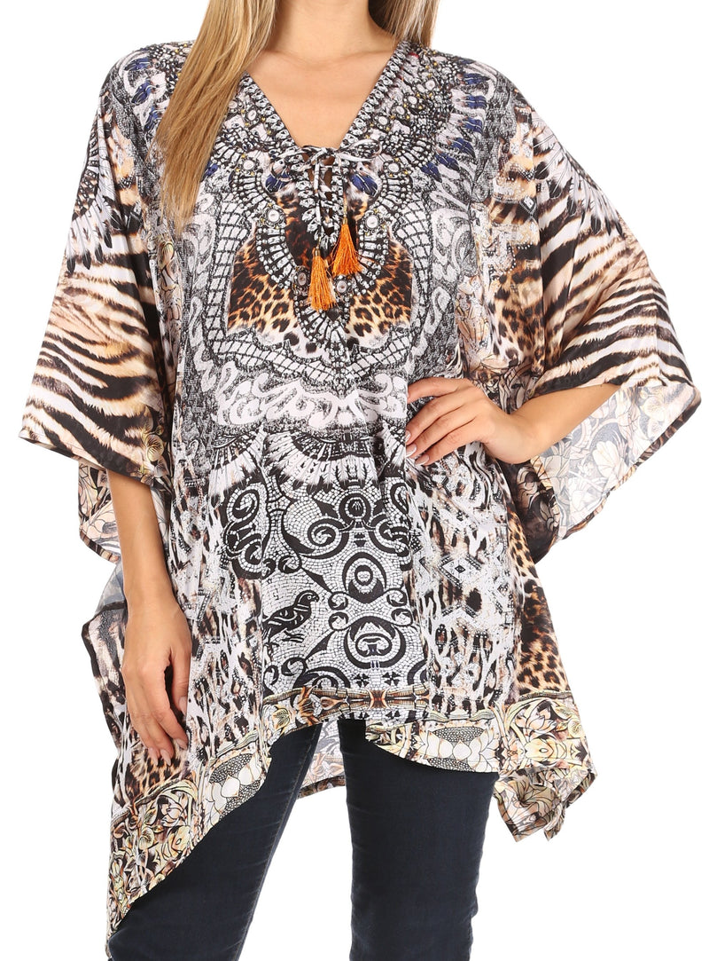 Sakkas Aymee Women's Caftan Poncho Cover up V neck Top Lace up With Rhinestone