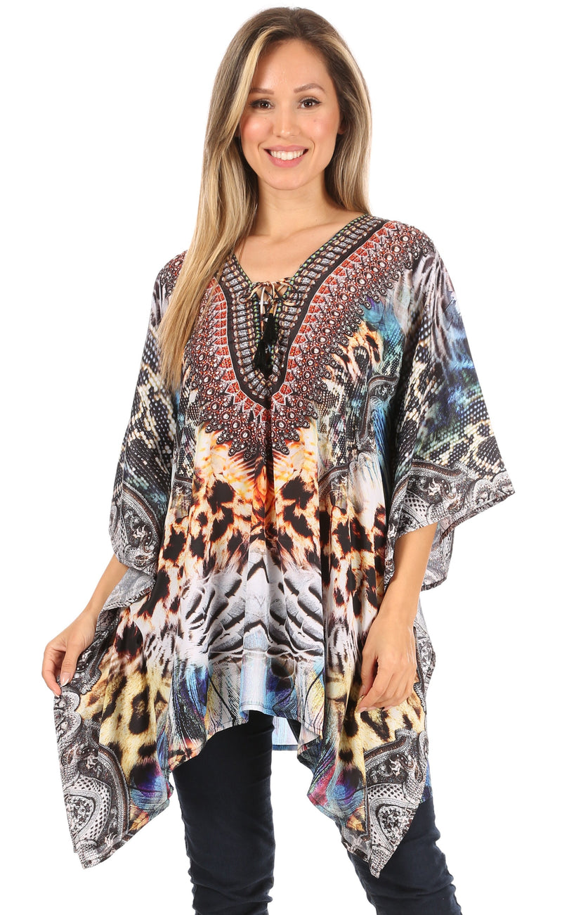 Sakkas Aymee Women's Caftan Poncho Cover up V neck Top Lace up With Rhinestone