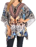 Sakkas Aymee Women's Caftan Poncho Cover up V neck Top Lace up With Rhinestone#color_EM310-Multi