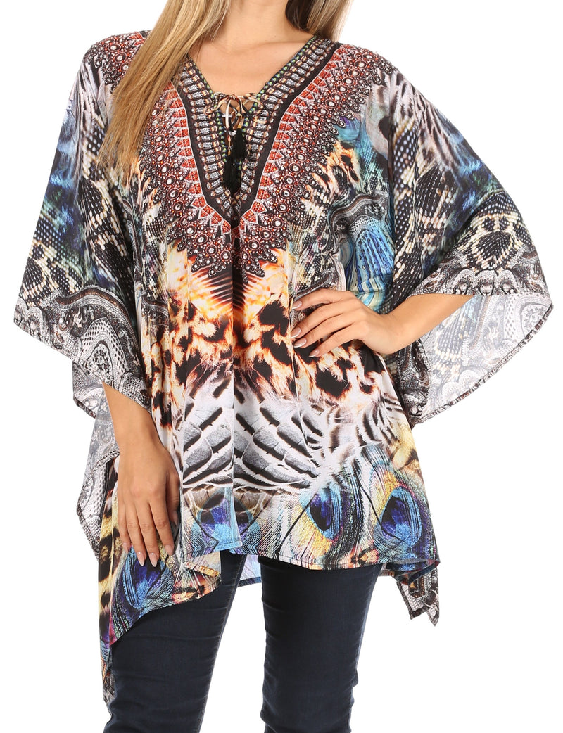 Sakkas Aymee Women's Caftan Poncho Cover up V neck Top Lace up With Rhinestone