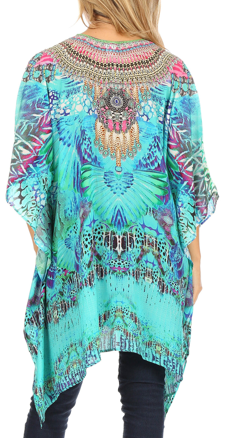 Sakkas Aymee Women's Caftan Poncho Cover up V neck Top Lace up With Rhinestone