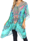 Sakkas Aymee Women's Caftan Poncho Cover up V neck Top Lace up With Rhinestone#color_ETU227-Turq