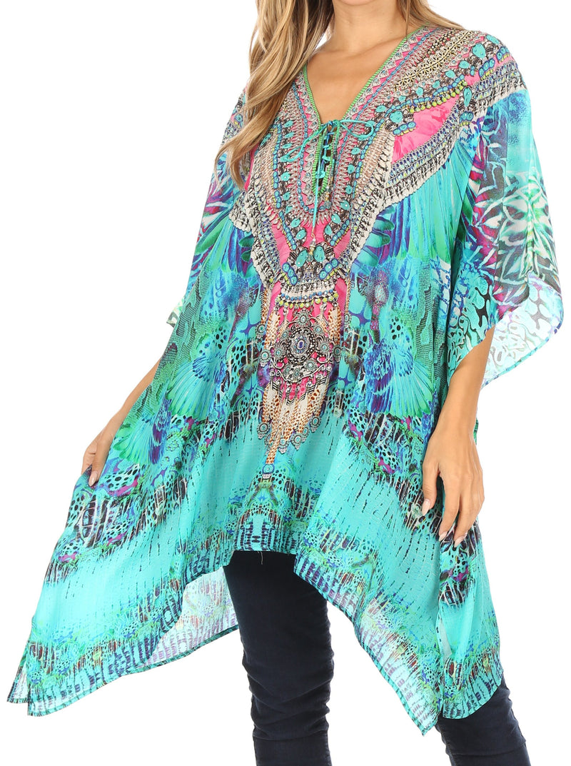 Sakkas Aymee Women's Caftan Poncho Cover up V neck Top Lace up With Rhinestone