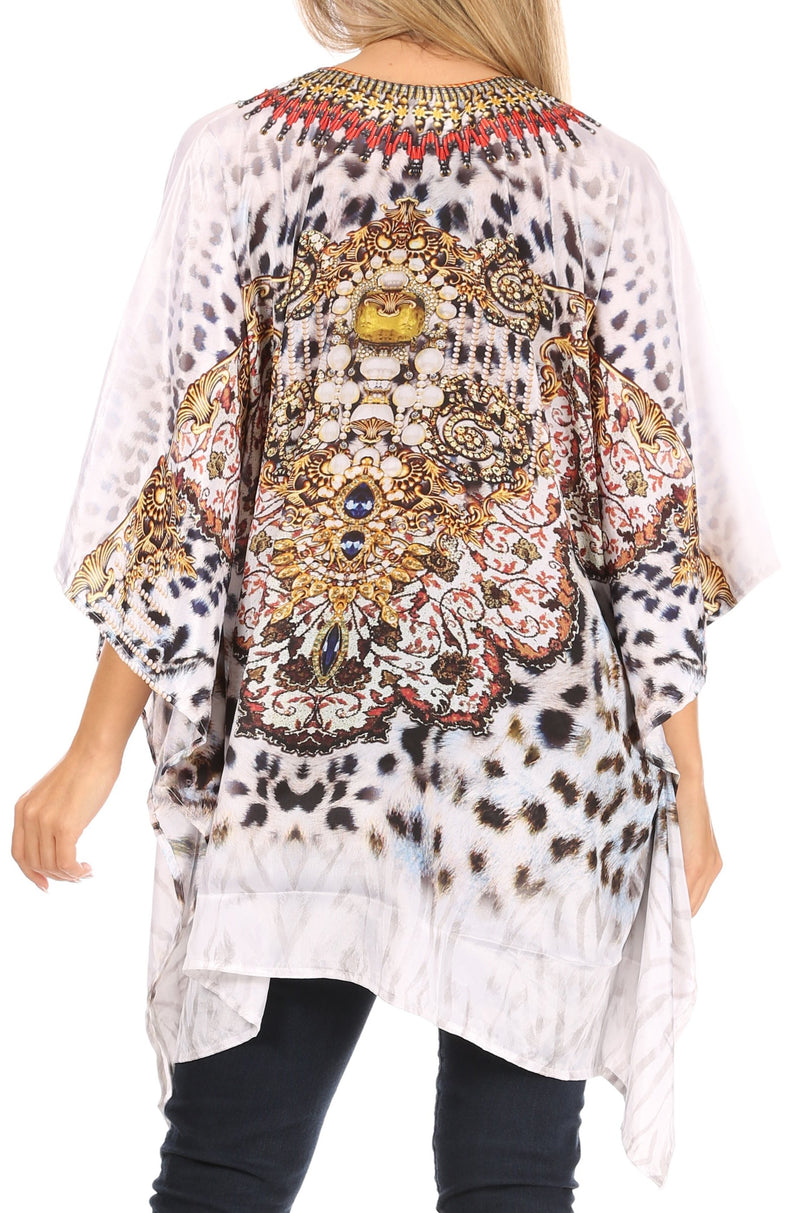 Sakkas Aymee Women's Caftan Poncho Cover up V neck Top Lace up With Rhinestone