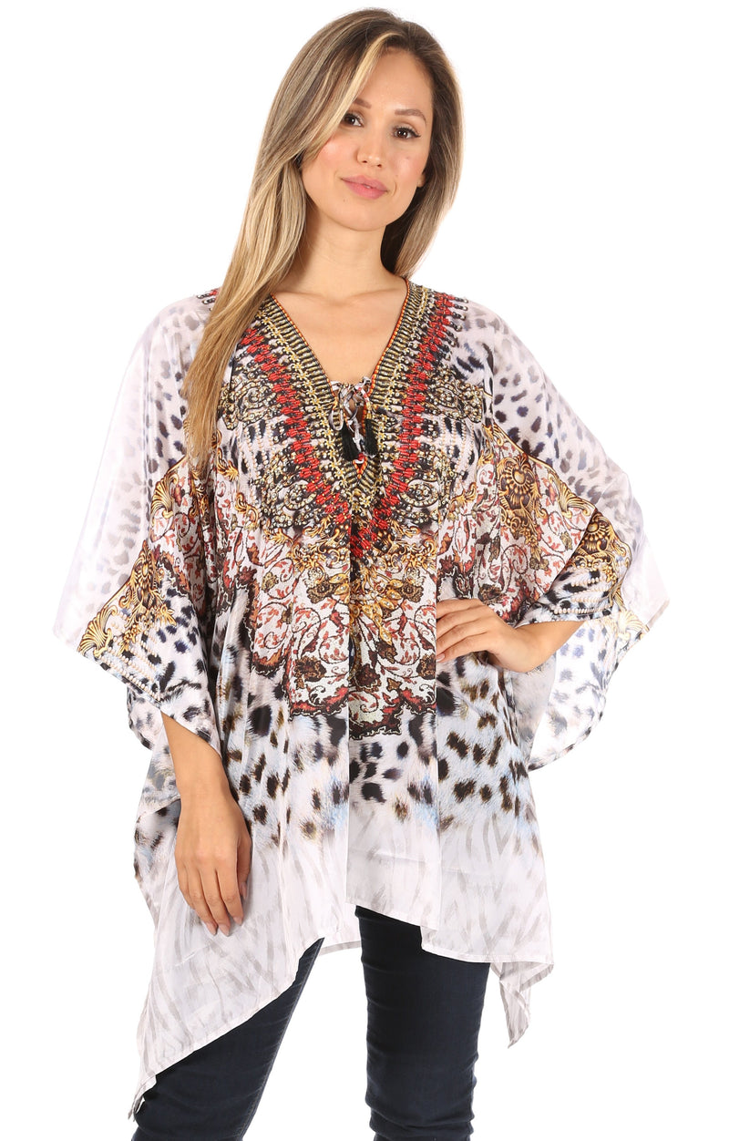 Sakkas Aymee Women's Caftan Poncho Cover up V neck Top Lace up With Rhinestone