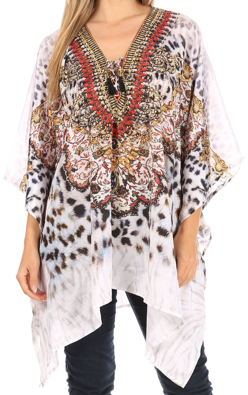 Sakkas Aymee Women's Caftan Poncho Cover up V neck Top Lace up With Rhinestone