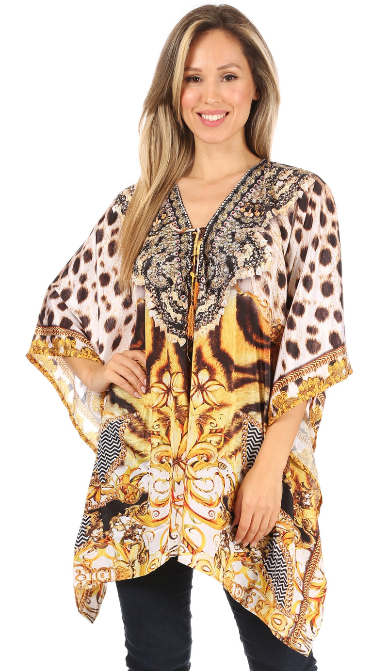 Sakkas Aymee Women's Caftan Poncho Cover up V neck Top Lace up With Rhinestone