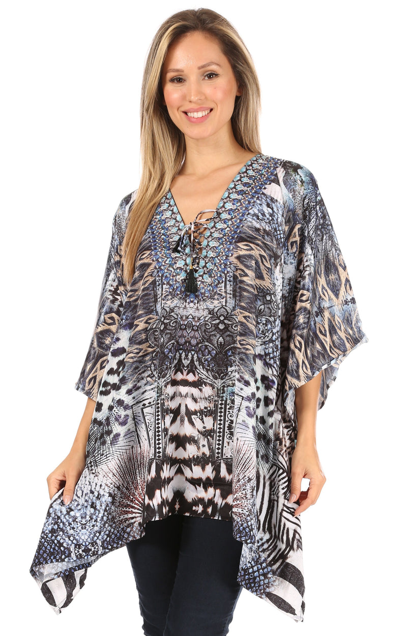 Sakkas Aymee Women's Caftan Poncho Cover up V neck Top Lace up With Rhinestone