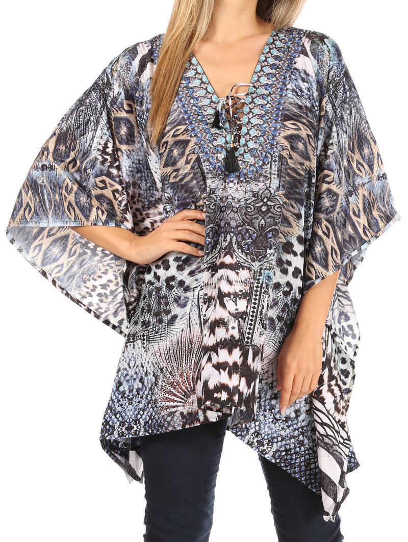 Sakkas Aymee Women's Caftan Poncho Cover up V neck Top Lace up With Rhinestone