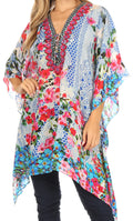 Sakkas Aymee Women's Caftan Poncho Cover up V neck Top Lace up With Rhinestone#color_FLB41-Blue