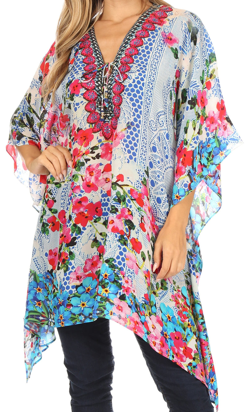 Sakkas Aymee Women's Caftan Poncho Cover up V neck Top Lace up With Rhinestone