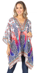 Sakkas Aymee Women's Caftan Poncho Cover up V neck Top Lace up With Rhinestone