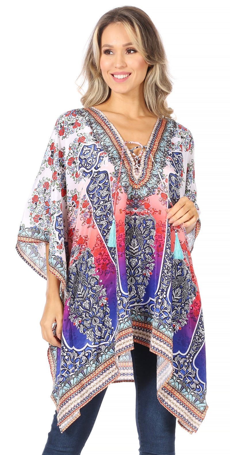 Sakkas Aymee Women's Caftan Poncho Cover up V neck Top Lace up With Rhinestone