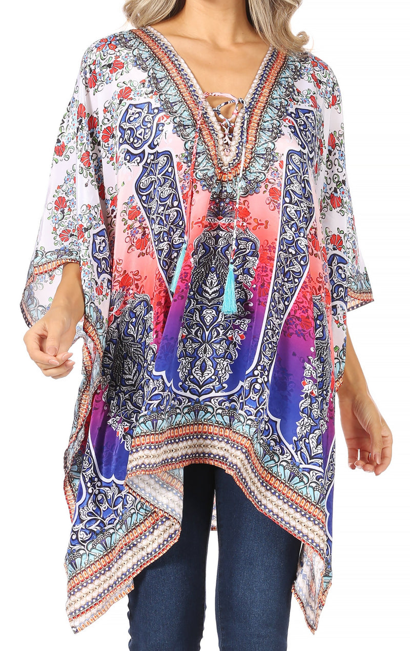 Sakkas Aymee Women's Caftan Poncho Cover up V neck Top Lace up With Rhinestone