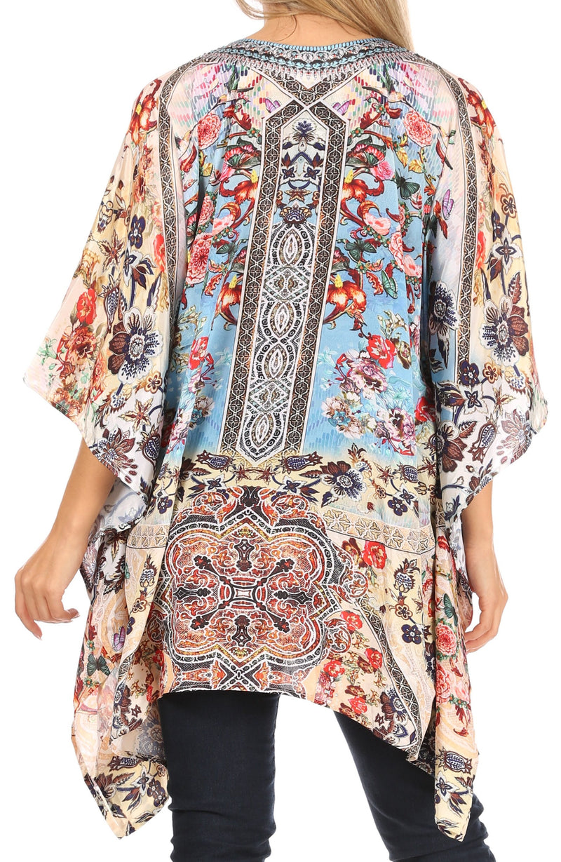 Sakkas Aymee Women's Caftan Poncho Cover up V neck Top Lace up With Rhinestone