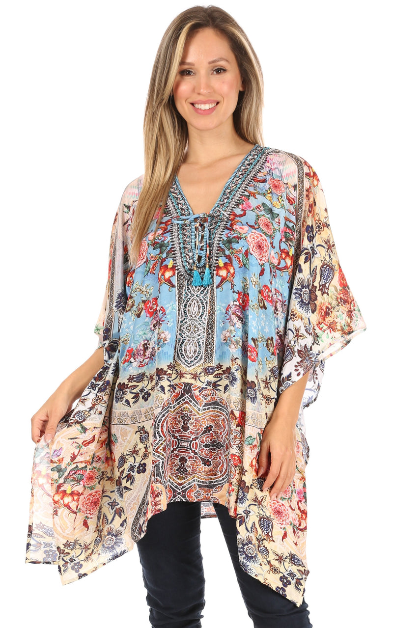 Sakkas Aymee Women's Caftan Poncho Cover up V neck Top Lace up With Rhinestone