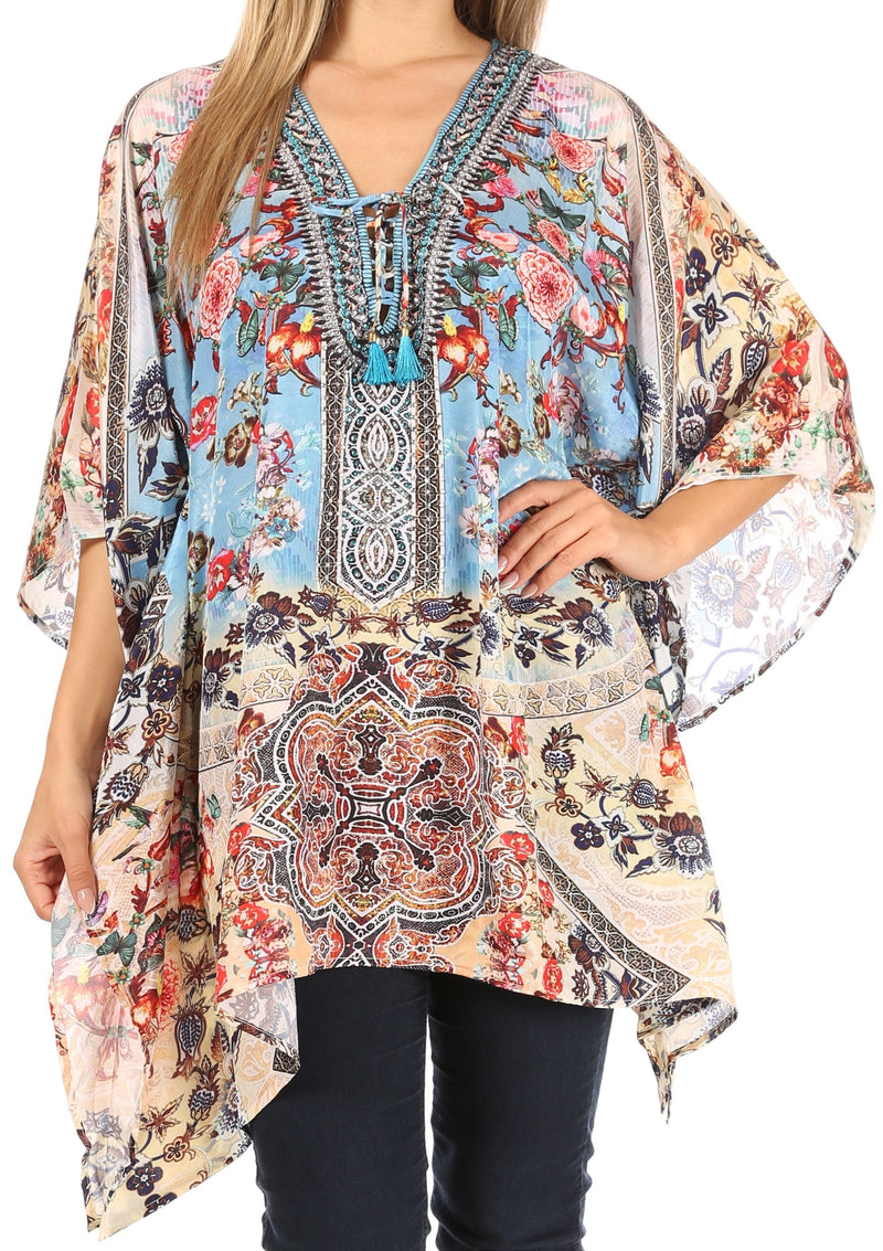 Sakkas Aymee Women's Caftan Poncho Cover up V neck Top Lace up With Rhinestone