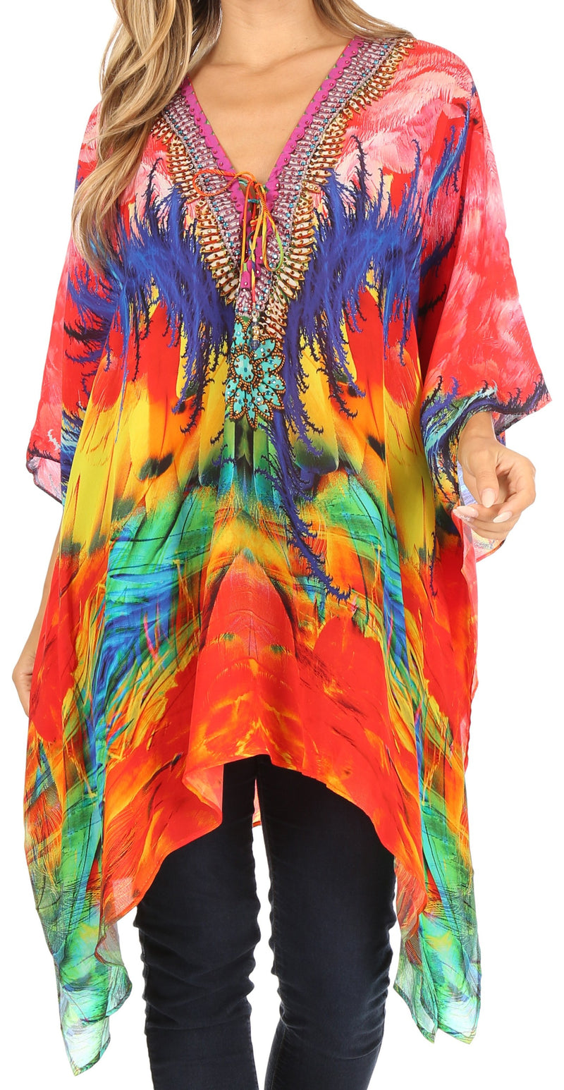 Sakkas Aymee Women's Caftan Poncho Cover up V neck Top Lace up With Rhinestone