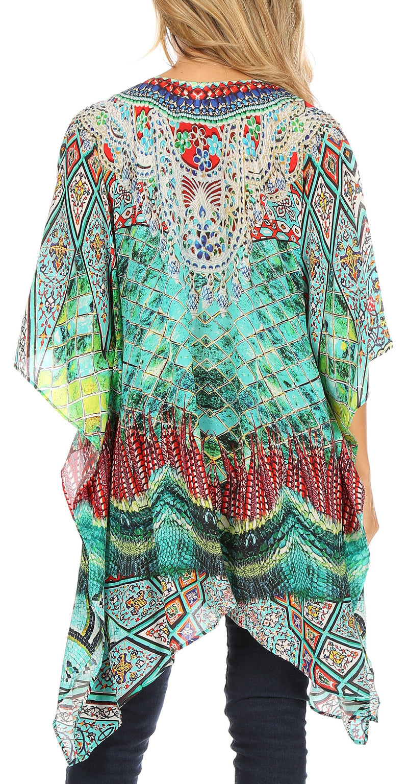 Sakkas Aymee Women's Caftan Poncho Cover up V neck Top Lace up With Rhinestone