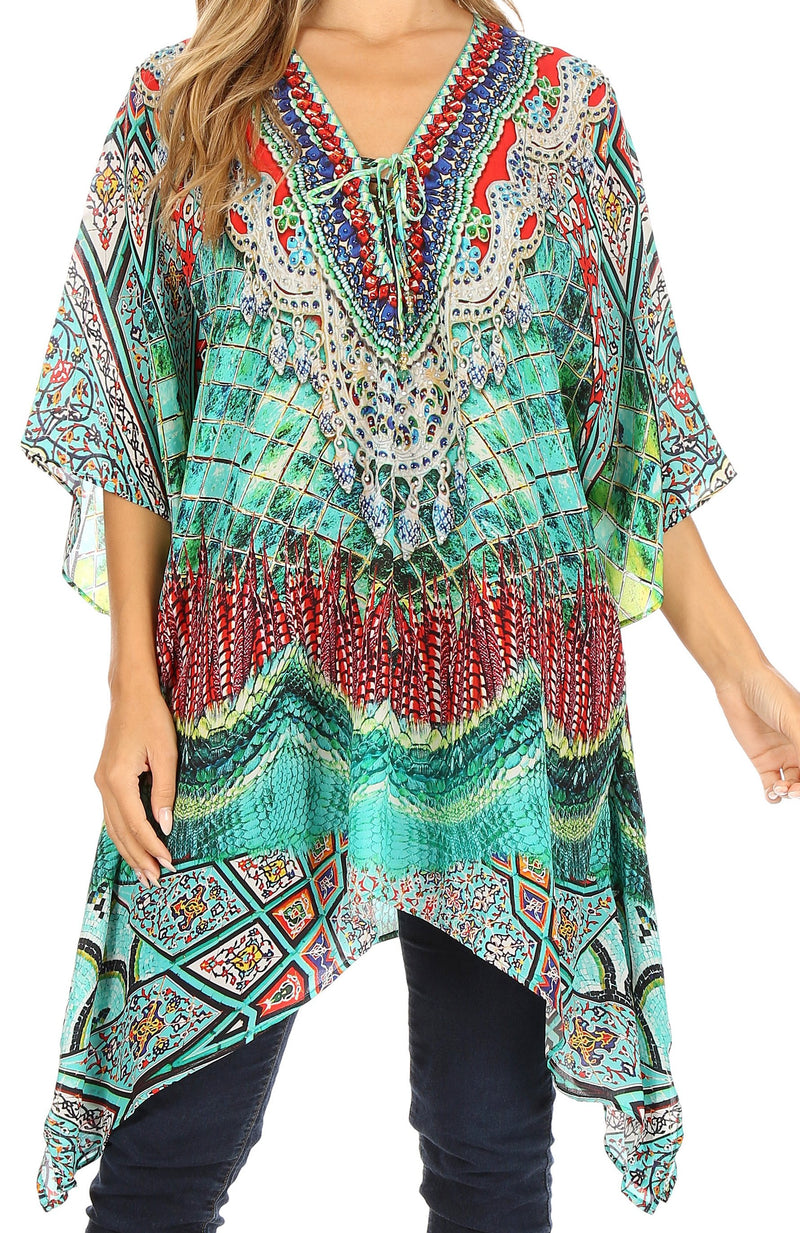 Sakkas Aymee Women's Caftan Poncho Cover up V neck Top Lace up With Rhinestone