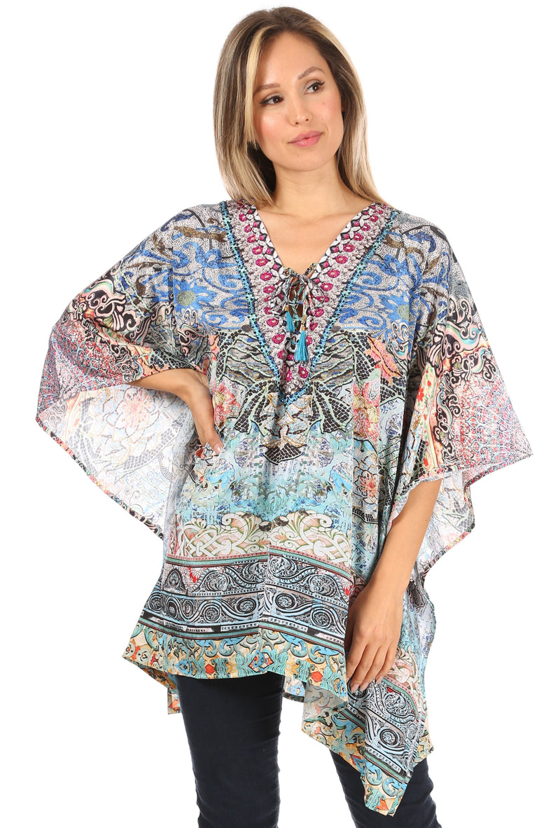 Sakkas Aymee Women's Caftan Poncho Cover up V neck Top Lace up With Rhinestone