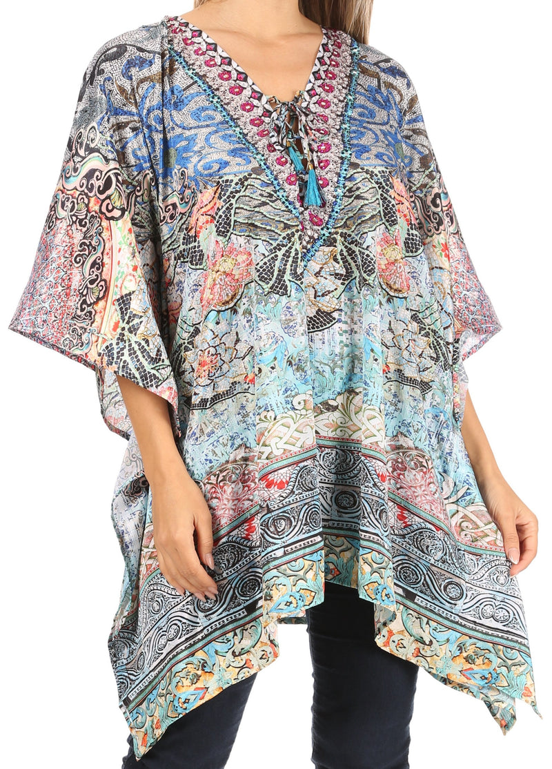 Sakkas Aymee Women's Caftan Poncho Cover up V neck Top Lace up With Rhinestone