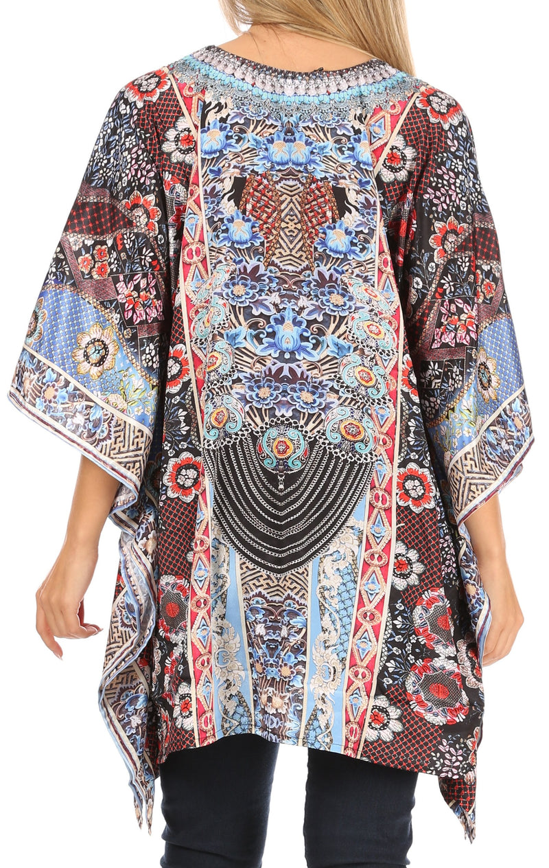 Sakkas Aymee Women's Caftan Poncho Cover up V neck Top Lace up With Rhinestone