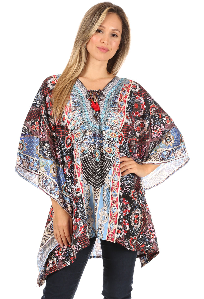 Sakkas Aymee Women's Caftan Poncho Cover up V neck Top Lace up With Rhinestone