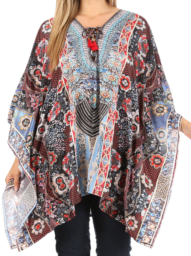 Sakkas Aymee Women's Caftan Poncho Cover up V neck Top Lace up With Rhinestone