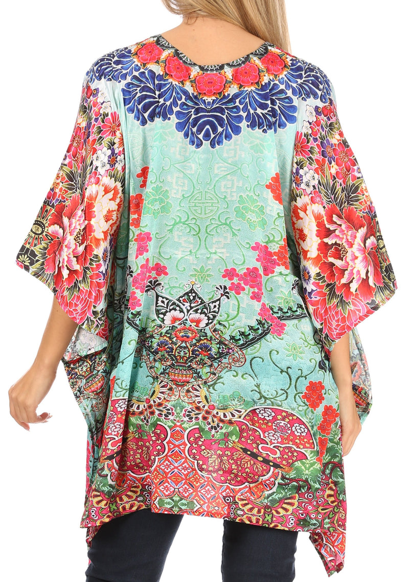 Sakkas Aymee Women's Caftan Poncho Cover up V neck Top Lace up With Rhinestone