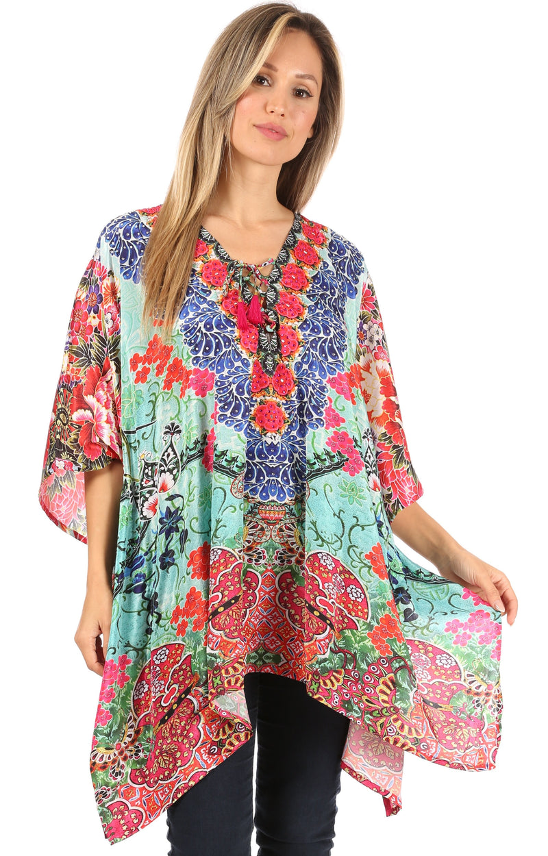 Sakkas Aymee Women's Caftan Poncho Cover up V neck Top Lace up With Rhinestone