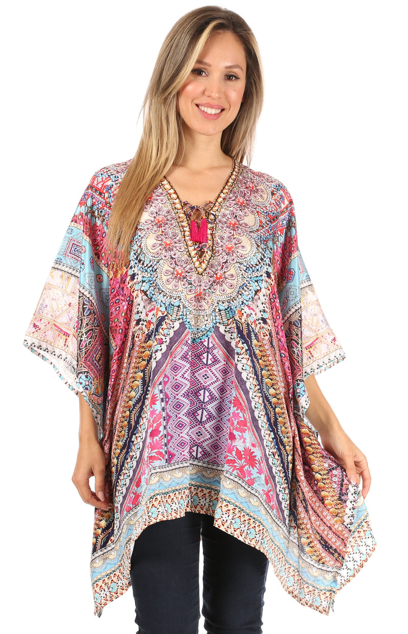 Sakkas Aymee Women's Caftan Poncho Cover up V neck Top Lace up With Rhinestone