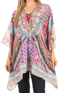 Sakkas Aymee Women's Caftan Poncho Cover up V neck Top Lace up With Rhinestone#color_FOM321-Multi