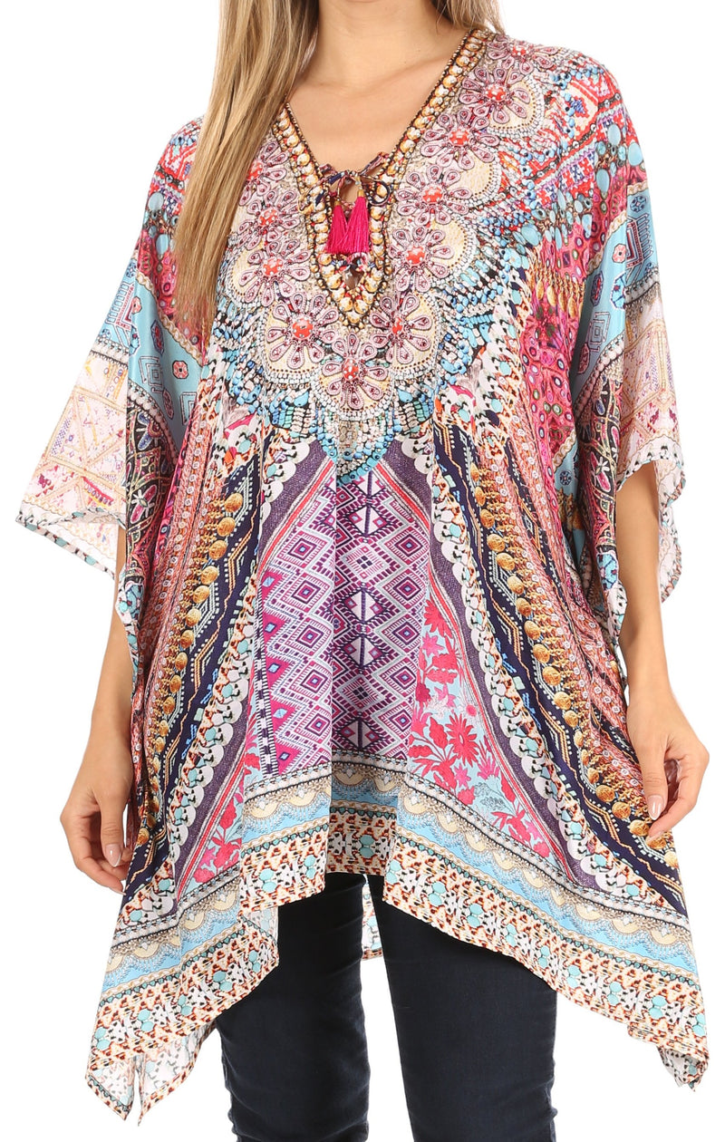 Sakkas Aymee Women's Caftan Poncho Cover up V neck Top Lace up With Rhinestone