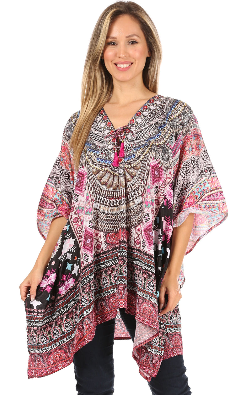 Sakkas Aymee Women's Caftan Poncho Cover up V neck Top Lace up With Rhinestone