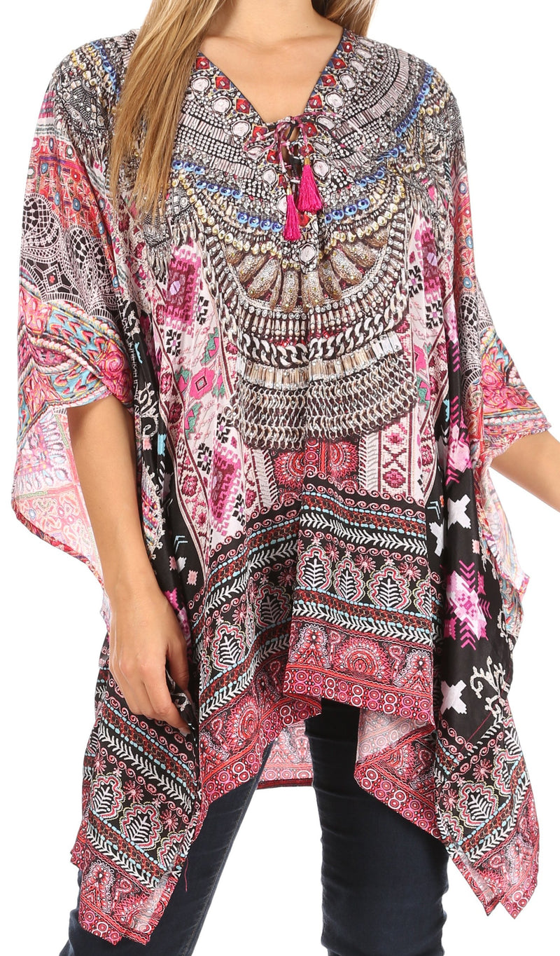 Sakkas Aymee Women's Caftan Poncho Cover up V neck Top Lace up With Rhinestone