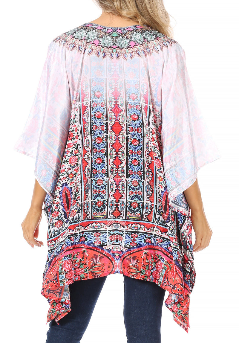 Sakkas Aymee Women's Caftan Poncho Cover up V neck Top Lace up With Rhinestone