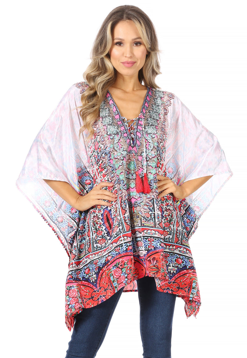 Sakkas Aymee Women's Caftan Poncho Cover up V neck Top Lace up With Rhinestone