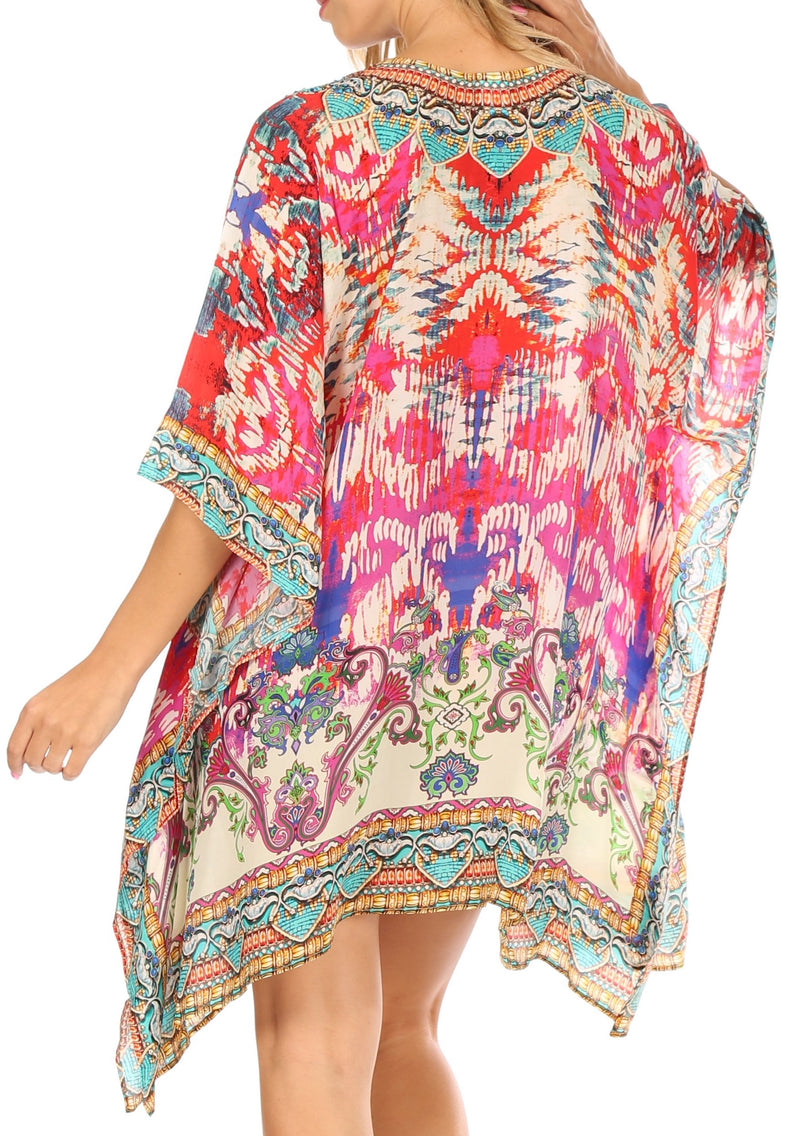 Sakkas Aymee Women's Caftan Poncho Cover up V neck Top Lace up With Rhinestone