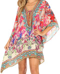 Sakkas Aymee Women's Caftan Poncho Cover up V neck Top Lace up With Rhinestone#color_IM101-Multi 