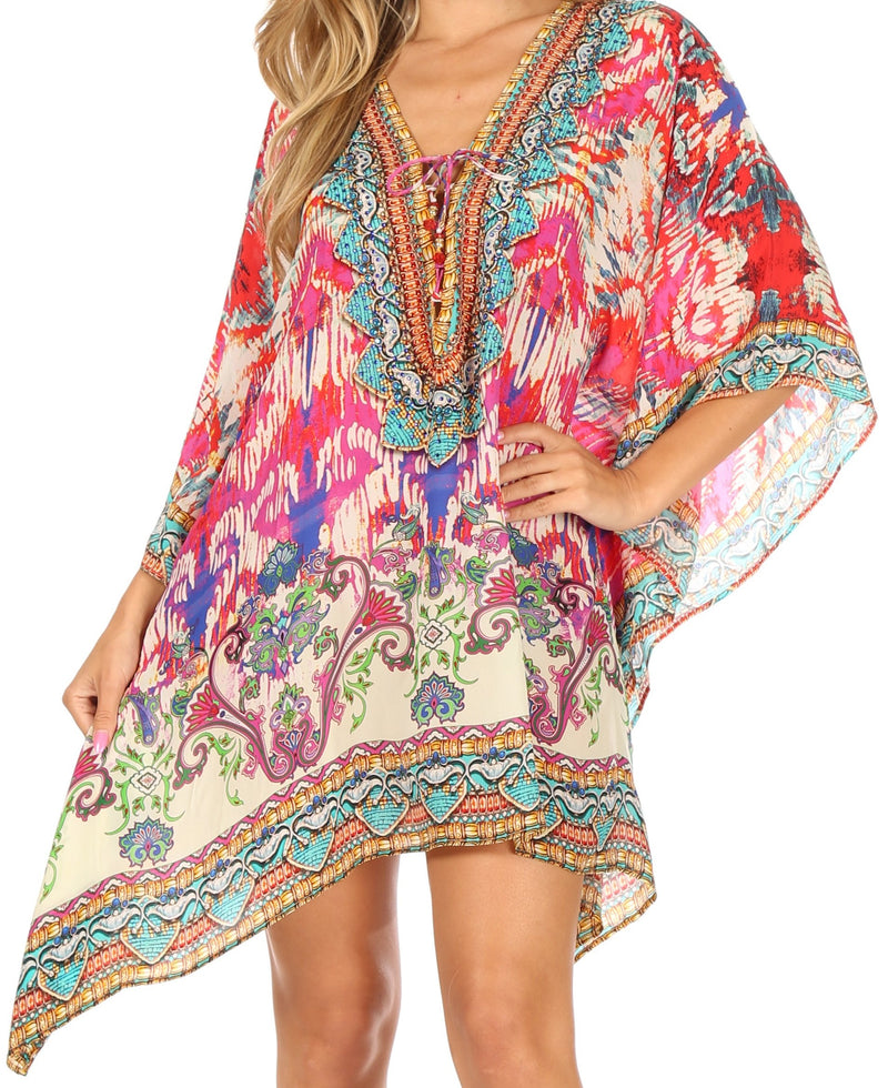 Sakkas Aymee Women's Caftan Poncho Cover up V neck Top Lace up With Rhinestone