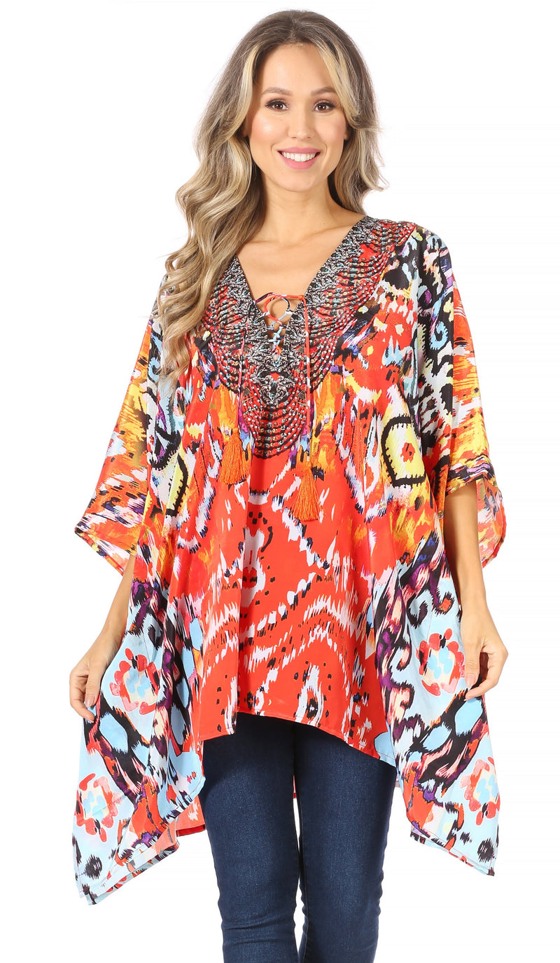 Sakkas Aymee Women's Caftan Poncho Cover up V neck Top Lace up With Rhinestone