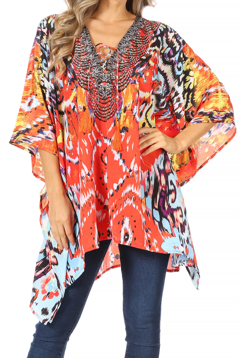 Sakkas Aymee Women's Caftan Poncho Cover up V neck Top Lace up With Rhinestone