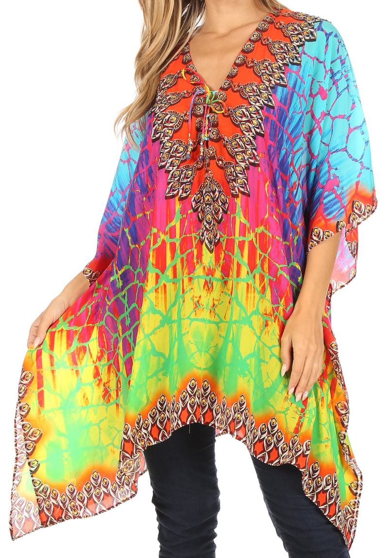 Sakkas Aymee Women's Caftan Poncho Cover up V neck Top Lace up With Rhinestone