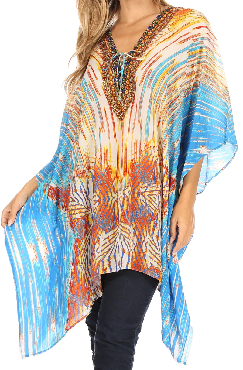 Sakkas Aymee Women's Caftan Poncho Cover up V neck Top Lace up With Rhinestone