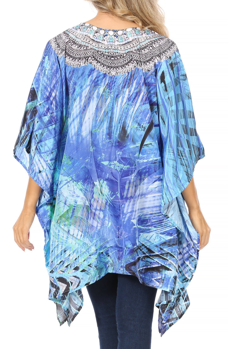 Sakkas Aymee Women's Caftan Poncho Cover up V neck Top Lace up With Rhinestone