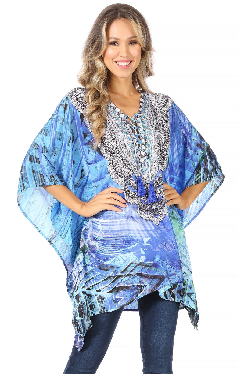 Sakkas Aymee Women's Caftan Poncho Cover up V neck Top Lace up With Rhinestone