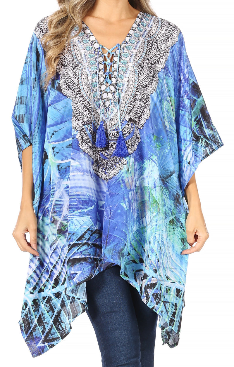 Sakkas Aymee Women's Caftan Poncho Cover up V neck Top Lace up With Rhinestone