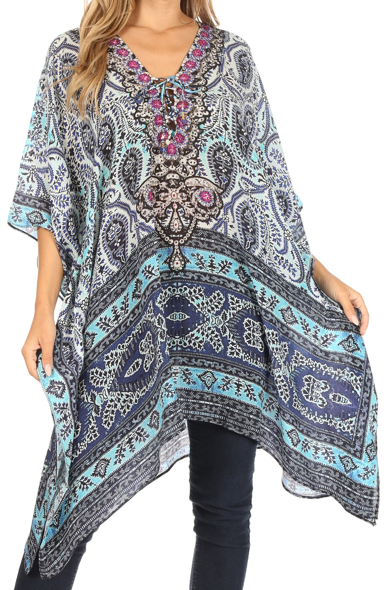 Sakkas Aymee Women's Caftan Poncho Cover up V neck Top Lace up With Rhinestone